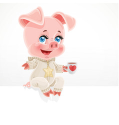 Cute Cartoon Baby Pig With Cup Tea Sit On Big