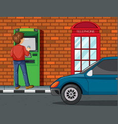 Atm On Street Scene With A Man Withdraw Money