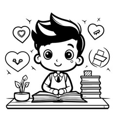 Black And White Cartoon Of Boy Studying At Home