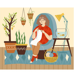 Woman Knitting In Cute Cozy Room With Houseplants