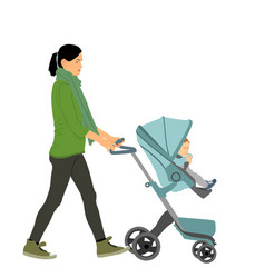 Mom And Baby In Pram Walking