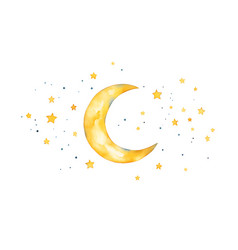 Cute Night Moon Stars Watercolor Sky