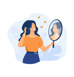 Happy Woman Looking At Herself In Mirror