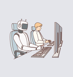 Robot Works On Computer And Among People