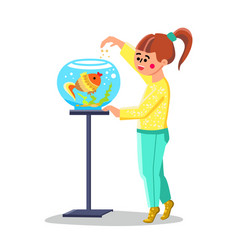 Little Girl Feed Fish In Fishbowl Aquarium