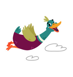 Funny Dabbling Duck Character With Wings Flying