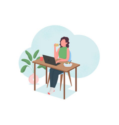 Woman Eating At Computer Desk Flat Color Faceless