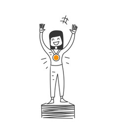 Hand Drawn Doodle Woman Holding Medal Symbol