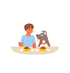 Little Boy And Dog Eat Spaghetti Sitting At Table