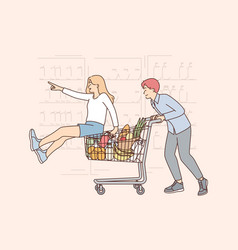 Happy Couple Walks Around Supermarket Riding Food