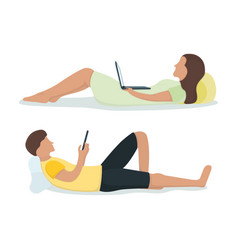 Man Woman Lie On Floor With Gadget Tablet People