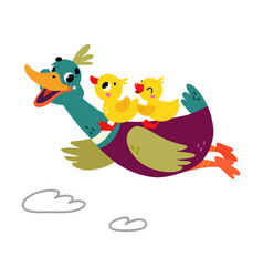 Funny Dabbling Duck Character Flying With Baby