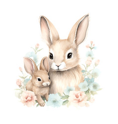 Watercolor Bunny Mother And Baby On White