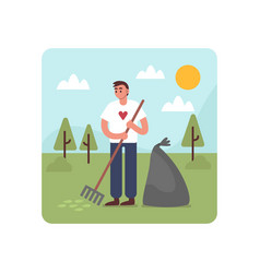 Cartoon Character Of Young Man Gathering Trash