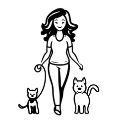 Woman Walking With Her Pets In A Flat Style