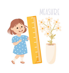 Little Girl With Ruler Measuring Height Of Flower