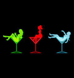 Neon Martini Glass Icon And Girl Silhouette