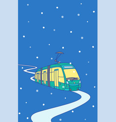 City Tram Rides On Winter Evening In Snow