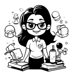 Cute Schoolgirl In Glasses With Books Cartoon