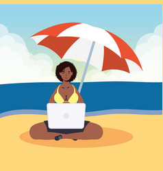 Afro Woman Using Laptop On Beach Summer