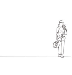 Single One Line Drawing Woman Plumber Holding