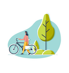 Woman Walking With A Bike Near Tree On Light