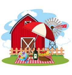 Farm Scene With Picnic Lunch On Lawn