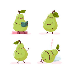 Set Of Cute Pears That Read Walk Dance And Sleep