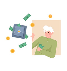 Old Man Holding Money Looking At Safe Finance