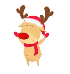 Excited Cartoon Deer In Santa Hat And Scarf Waving