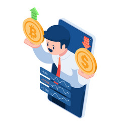 Isometric Businessman Or Trader Holding Bitcoin