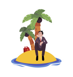 Sad Businessman Sitting Alone On Island Surrounded