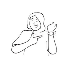 Line Art Woman With Smile Pointing Watch On Her