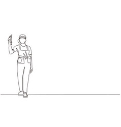 Single One Line Drawing Woman Worker Holding