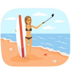 Woman With Surfboard Is Making Selfie Girl