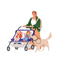 Mother Dog And Twins In Tandem Stroller Mom