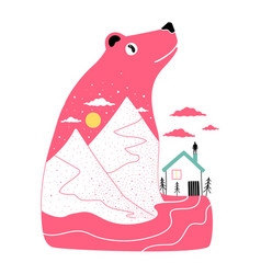 With Pink Bear Mountains Man And House Trendy