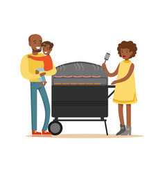 Young Black Woman Grilling Sausages On A Grill