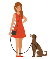 Pretty Woman With Dog On Leash Pet Owner Outdoor