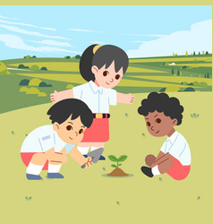 Children Planting Sprout Plant Together In Park