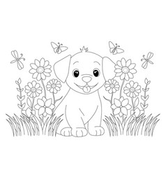 Coloring Page With Cute Puppy In Grass And Flowers