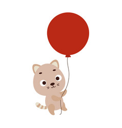 Cute Little Cat Flying On Red Balloon Cartoon