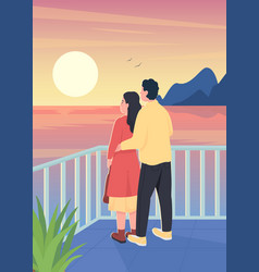 Couple Watching Romantic Sunset Flat Color