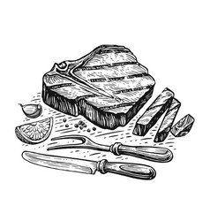 Hand Drawn Beef Steak Grilled In Sketch Style