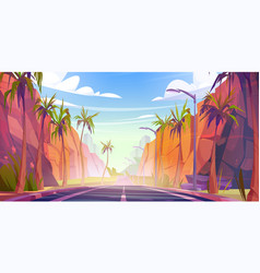 Road At Tropical Landscape With Palms And Rocks