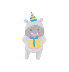 Cute Adorable Hippo In Party Hat Standing With Gif