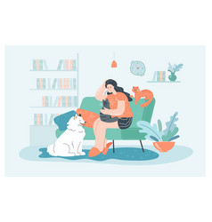 Female Cartoon Owner Sitting On Couch With Cats