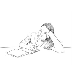 Sketch Of Girl Writing In Notebook Hand Drawn