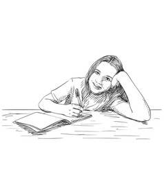 Sketch Of Girl Writing In Notebook Hand Drawn