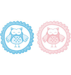 Blue And Pink Baby Round Label With Cute Owl